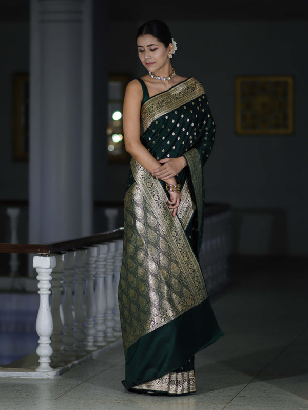 Banarasee Handloom Semi Katan Saree With Buti Work & Border-Deep Green