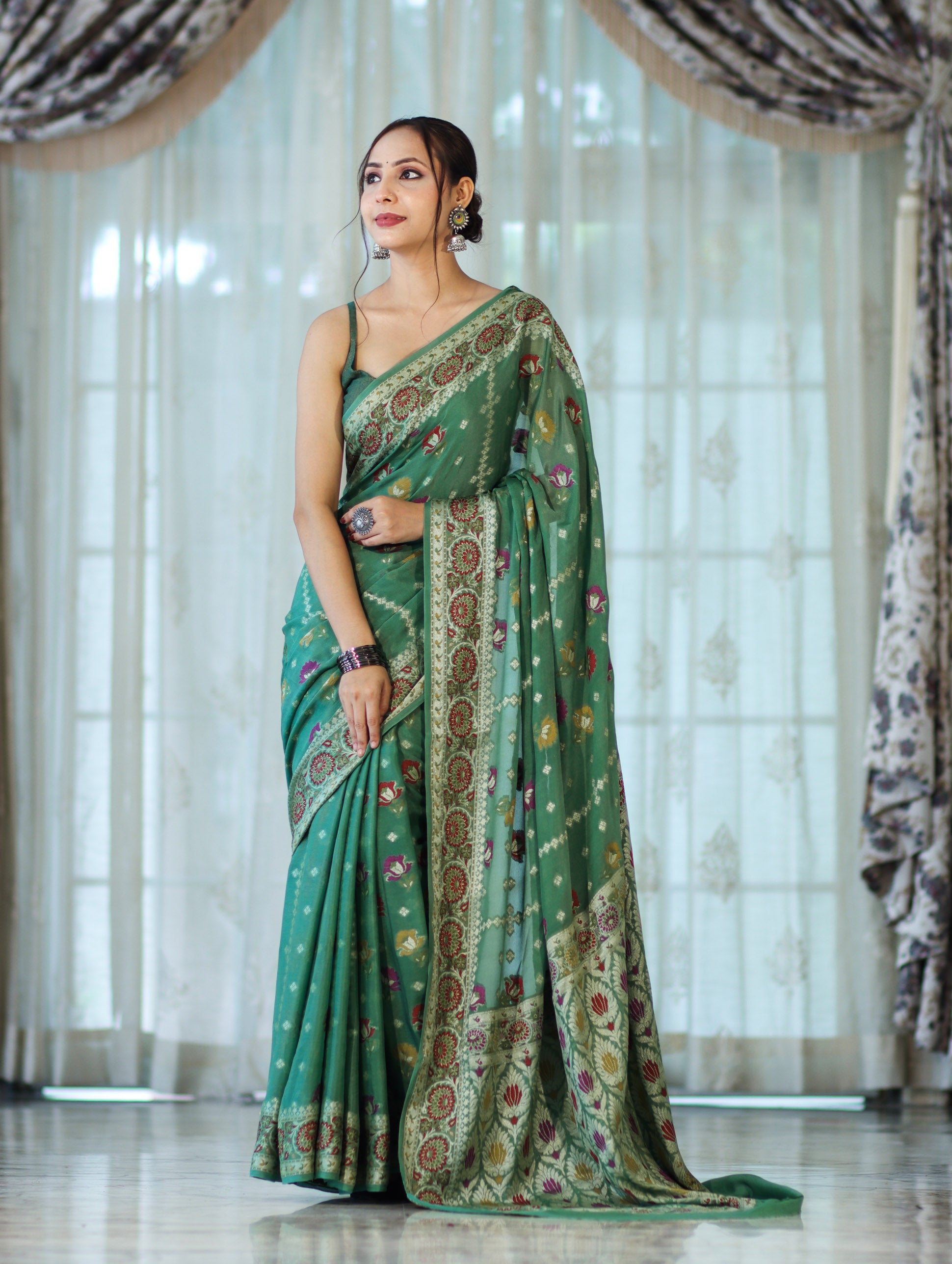 Banarasee Handloom Pure Chiffon Saree With Resham Work-Green