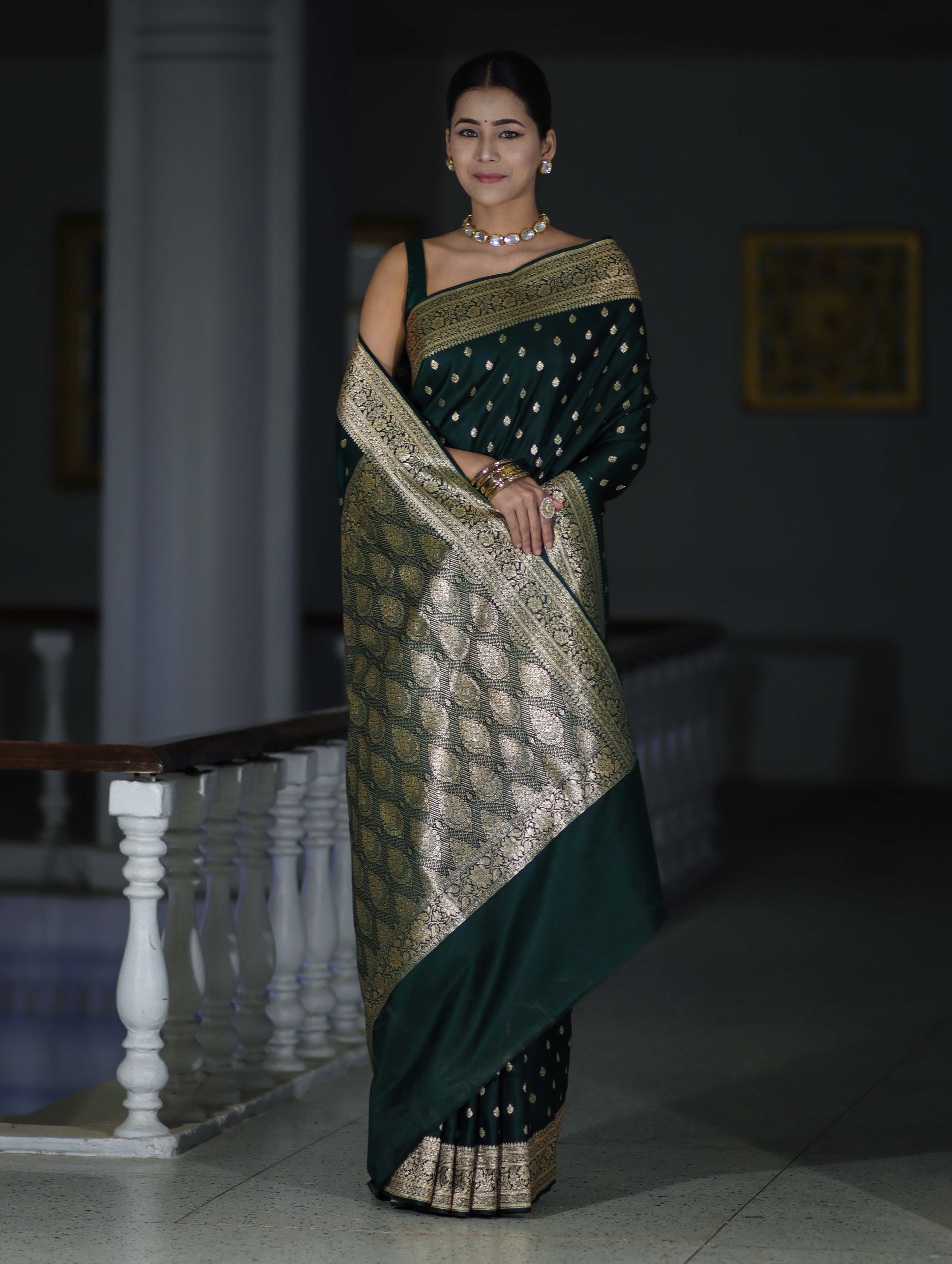 Banarasee Handloom Semi Katan Saree With Buti Work & Border-Deep Green