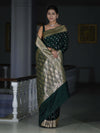 Banarasee Handloom Semi Katan Saree With Buti Work & Border-Deep Green