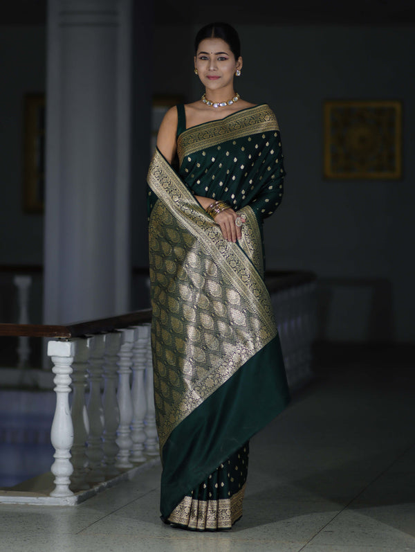 Banarasee Handloom Semi Katan Saree With Buti Work & Border-Deep Green