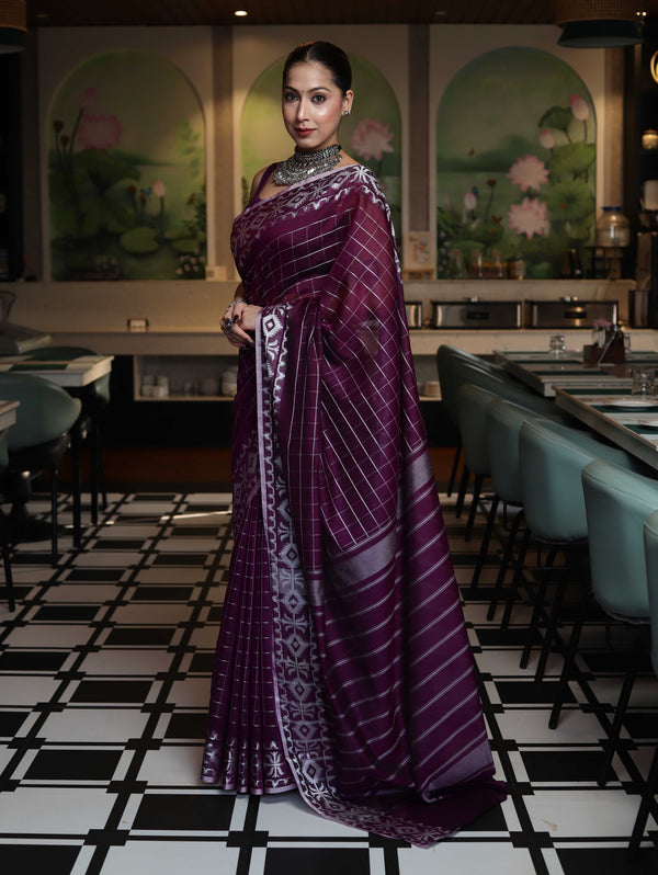 Banarasee Handloom Cotton Silk Kota Checks Saree With Silver Zari Border-Purple
