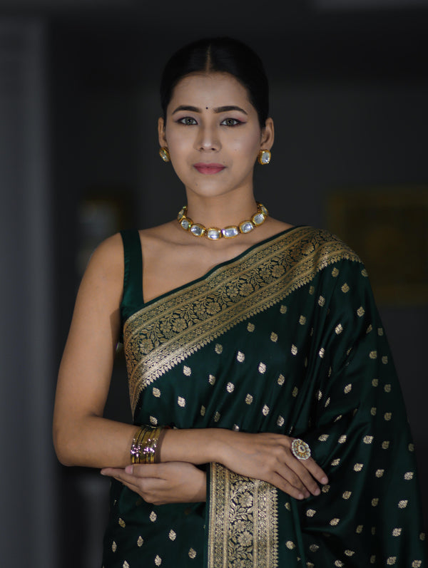 Banarasee Handloom Semi Katan Saree With Buti Work & Border-Deep Green