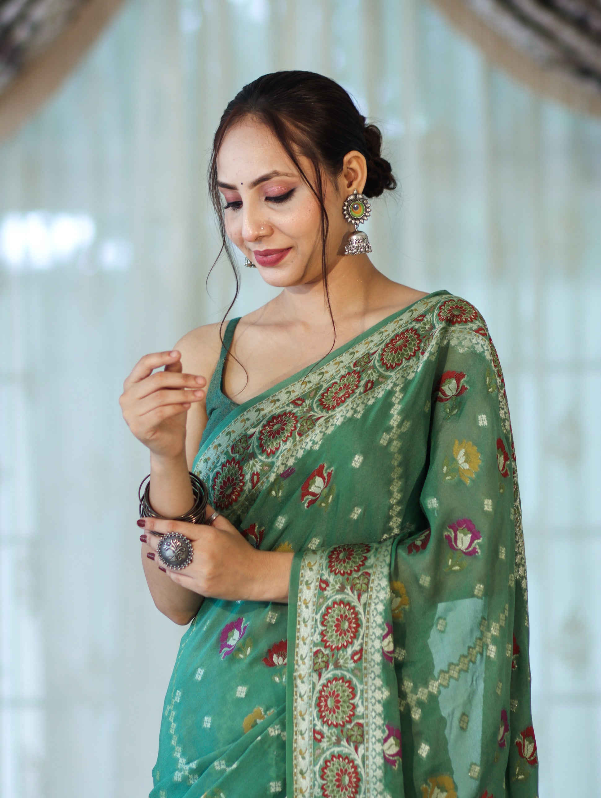 Banarasee Handloom Pure Chiffon Saree With Resham Work-Green