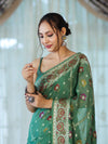 Banarasee Handloom Pure Chiffon Saree With Resham Work-Green