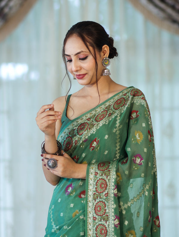Banarasee Handloom Pure Chiffon Saree With Resham Work-Green