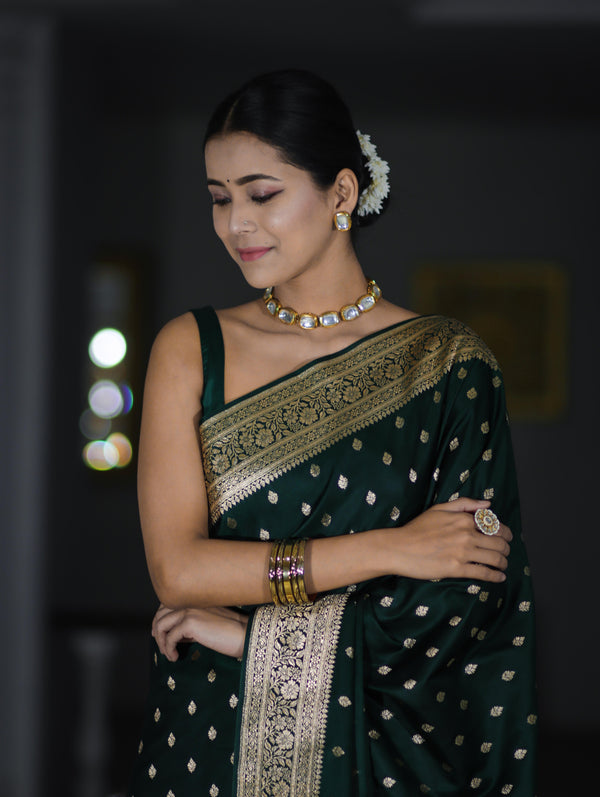 Banarasee Handloom Semi Katan Saree With Buti Work & Border-Deep Green