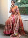 Banarasee Handwoven Tissue Saree With Hand Brush Paint Floral Design & Contrast Border-Peach
