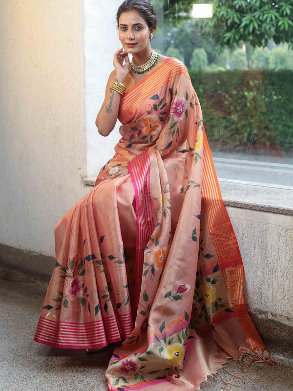 Banarasee Handwoven Tissue Saree With Hand Brush Paint Floral Design & Contrast Border-Peach