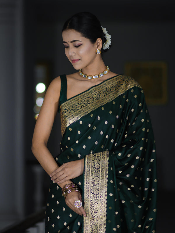 Banarasee Handloom Semi Katan Saree With Gold Work & Border-Deep Green
