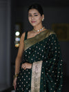 Banarasee Handloom Semi Katan Saree With Buti Work & Border-Deep Green