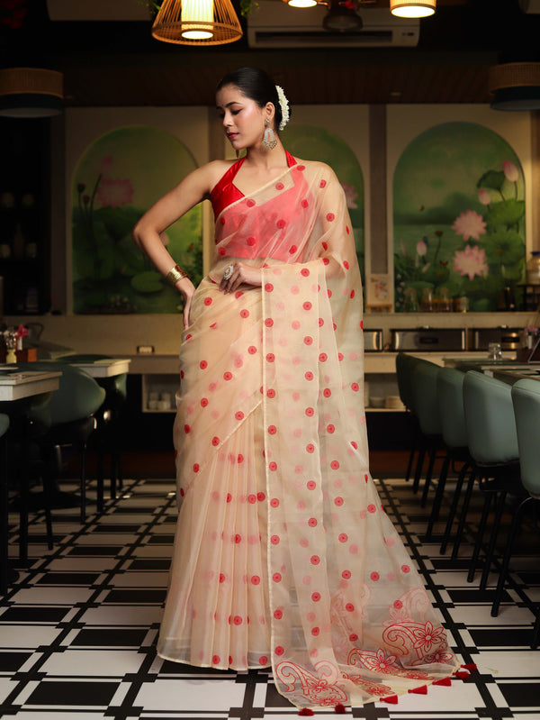 Banarasee Organza Mix Saree With Embroidered Buta & Applique Work Pallu-Light Yellow