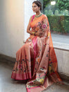 Banarasee Handwoven Tissue Saree With Hand Brush Paint Floral Design & Contrast Border-Peach