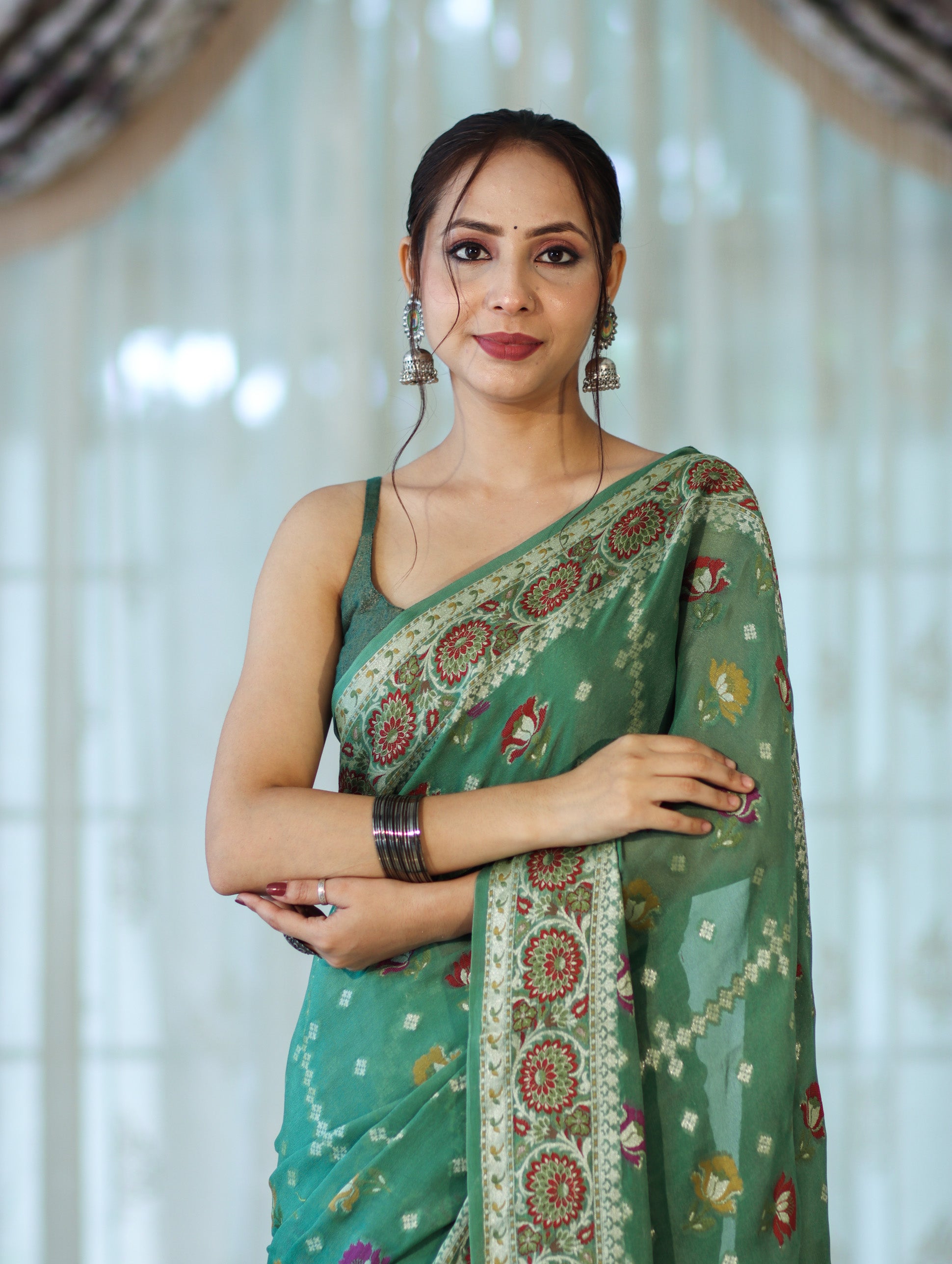 Banarasee Handloom Pure Chiffon Saree With Resham Work-Green