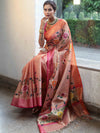 Banarasee Handwoven Tissue Saree With Hand Brush Paint Floral Design & Contrast Border-Peach