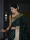 Banarasee Handloom Semi Katan Saree With Buti Work & Border-Deep Green