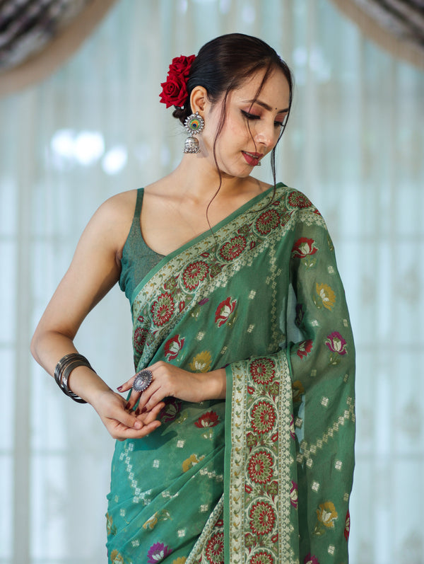 Banarasee Handloom Pure Chiffon Saree With Resham Work-Green