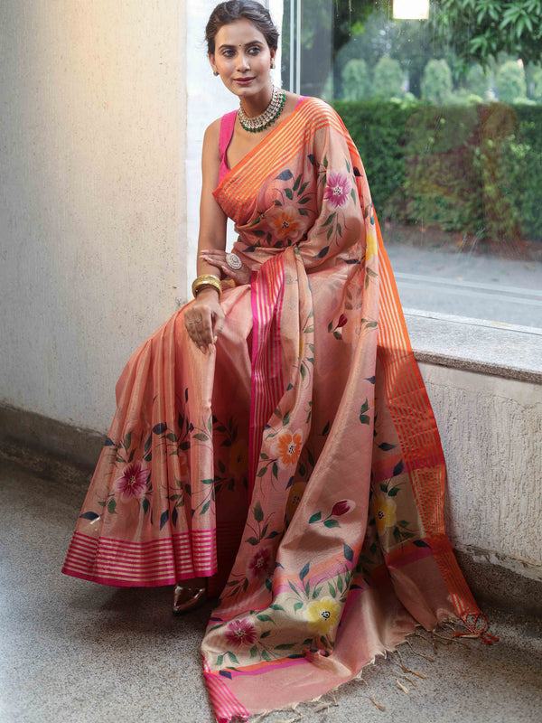 Banarasee Handwoven Tissue Saree With Hand Brush Paint Floral Design & Contrast Border-Peach