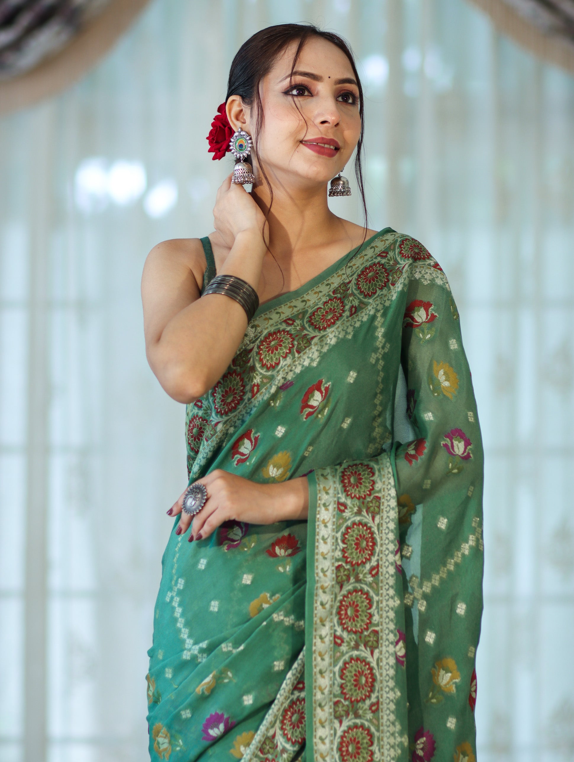 Banarasee Handloom Pure Chiffon Saree With Resham Work-Green