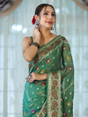 Banarasee Handloom Pure Chiffon Saree With Resham Work-Green