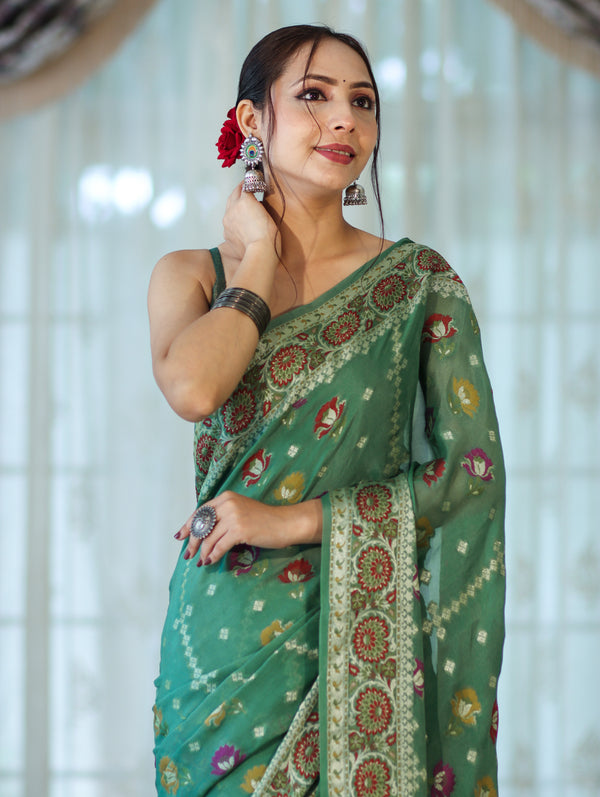 Banarasee Handloom Pure Chiffon Saree With Resham Work-Green