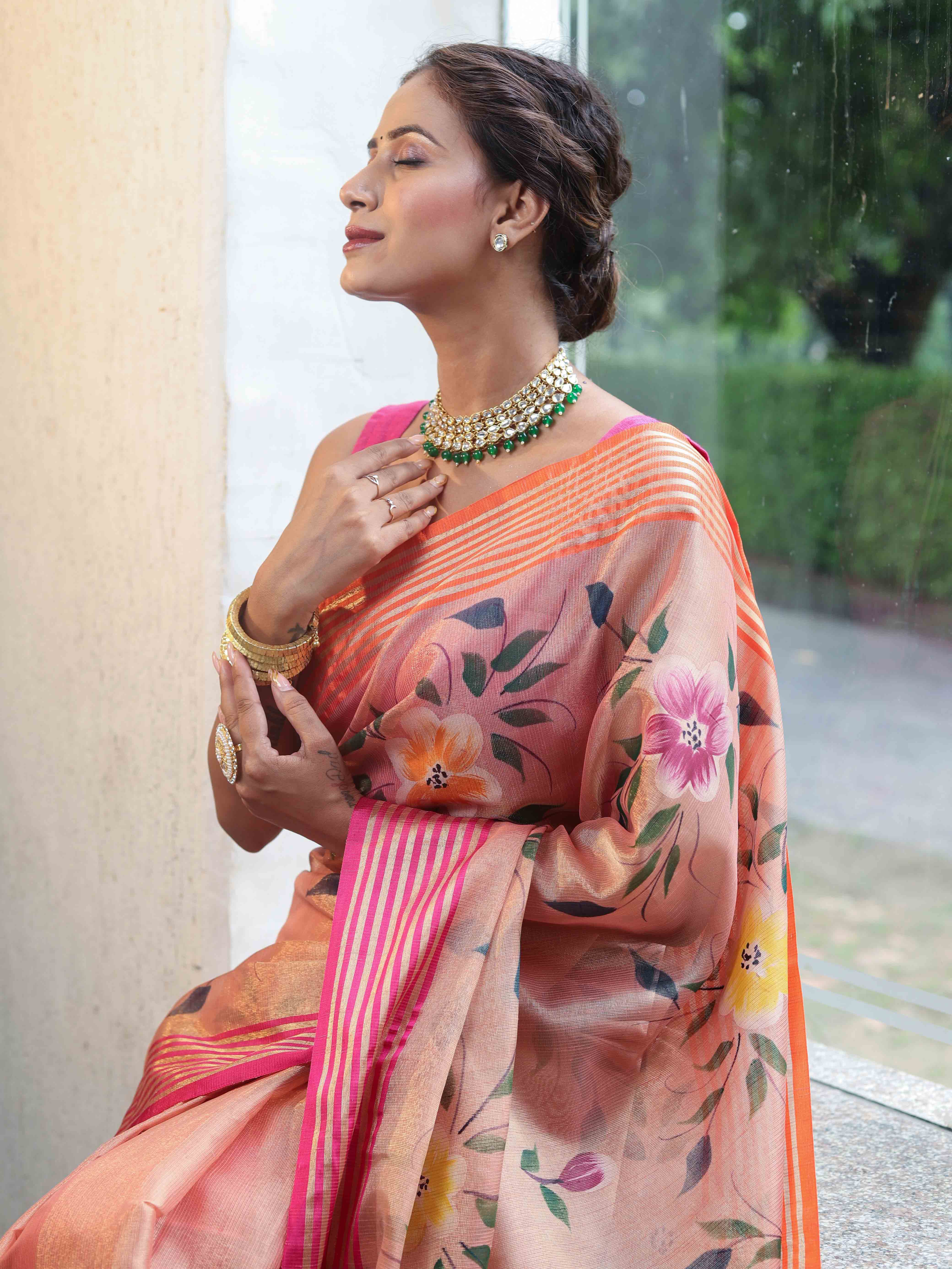 Banarasee Handwoven Tissue Saree With Hand Brush Paint Floral Design & Contrast Border-Peach