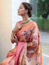 Banarasee Handwoven Tissue Saree With Hand Brush Paint Floral Design & Contrast Border-Peach