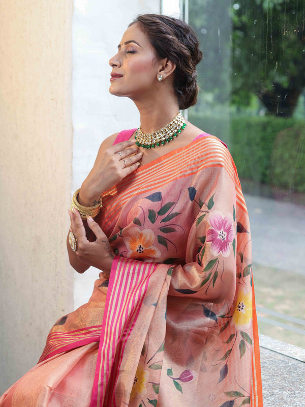 Banarasee Handwoven Tissue Saree With Hand Brush Paint Floral Design & Contrast Border-Peach
