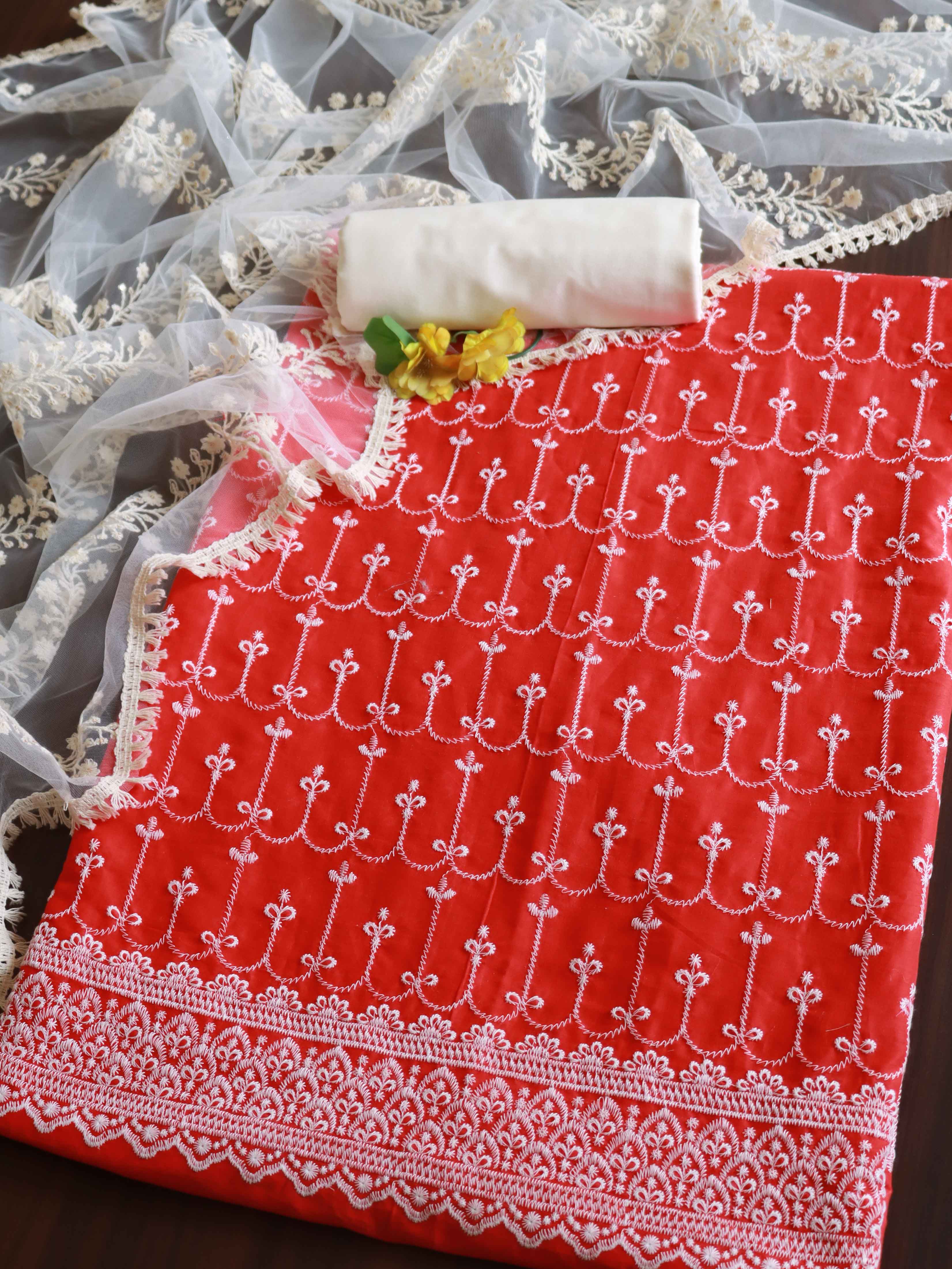 Banarasee Shifli Cotton Salwar Kameez Set & Net Dupatta-Red & White