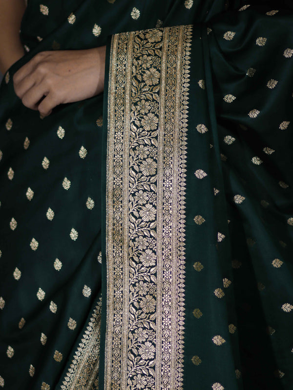Banarasee Handloom Semi Katan Saree With Buti Work & Border-Deep Green