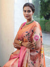 Banarasee Handwoven Tissue Saree With Hand Brush Paint Floral Design & Contrast Border-Peach