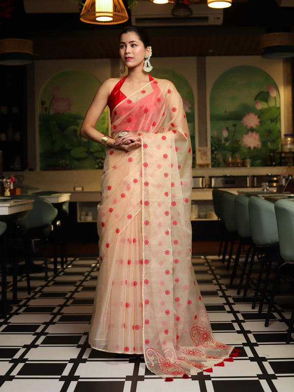 Banarasee Organza Mix Saree With Embroidered Buta & Applique Work Pallu-Light Yellow