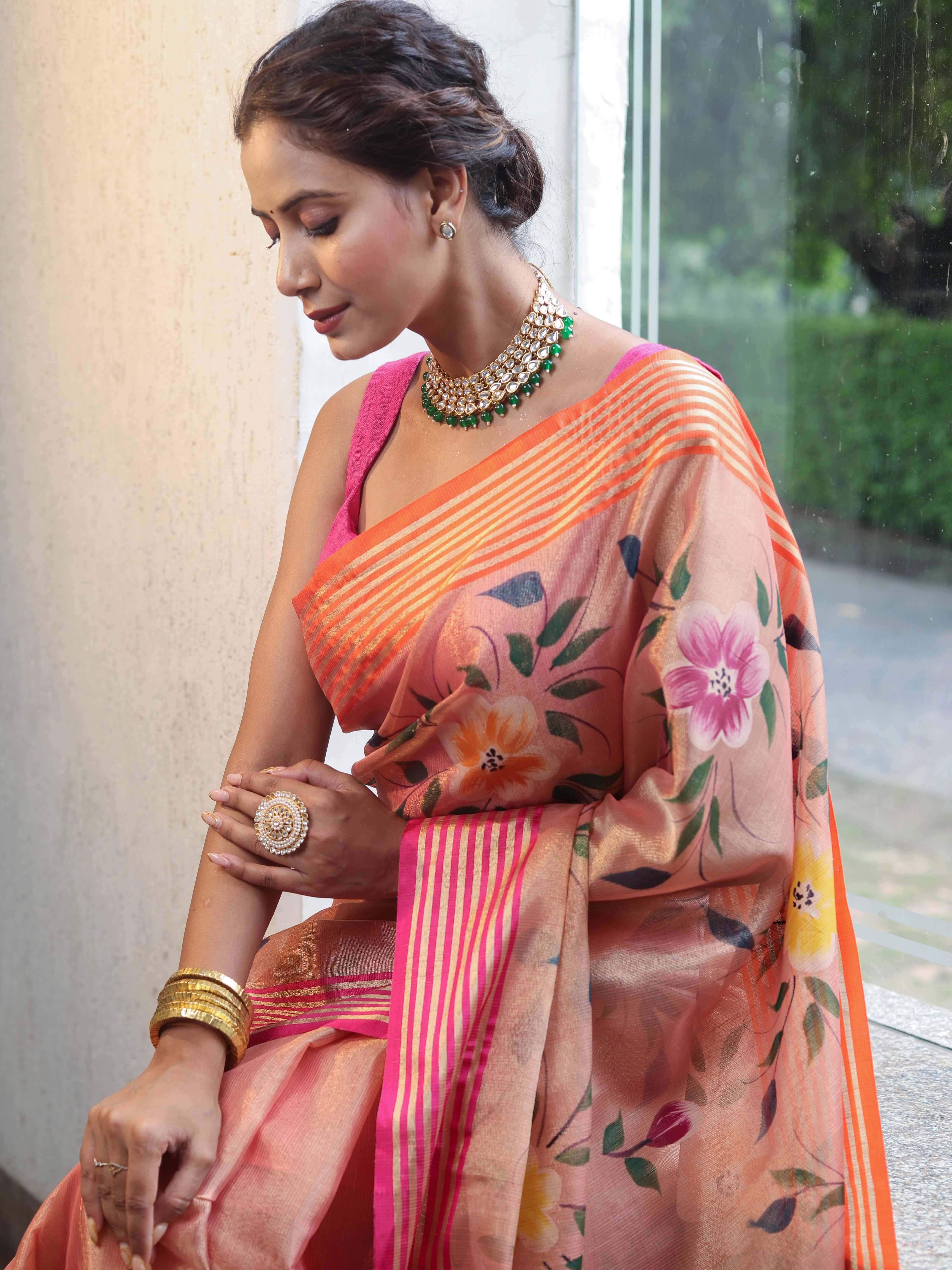 Banarasee Handwoven Tissue Saree With Hand Brush Paint Floral Design & Contrast Border-Peach