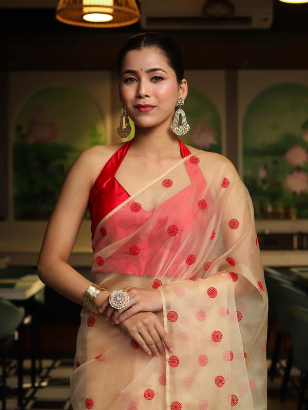 Banarasee Organza Mix Saree With Embroidered Buta & Applique Work Pallu-Light Yellow