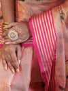 Banarasee Handwoven Tissue Saree With Hand Brush Paint Floral Design & Contrast Border-Peach