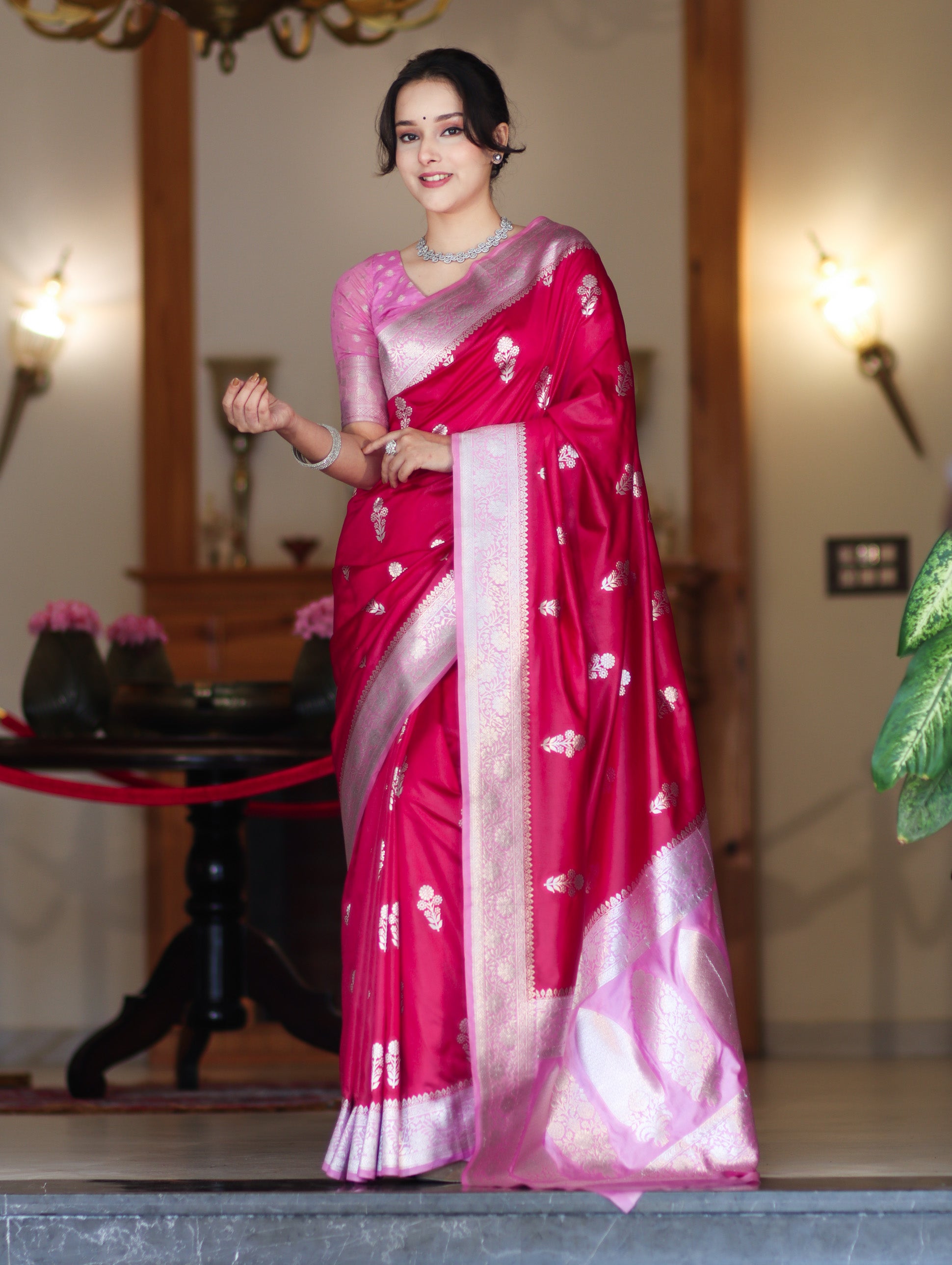 Banarasee Handloom Soft Silk Saree With Zari Buta Work & Contrast Border-Pink