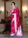 Banarasee Handloom Soft Silk Saree With Zari Buta Work & Contrast Border-Pink