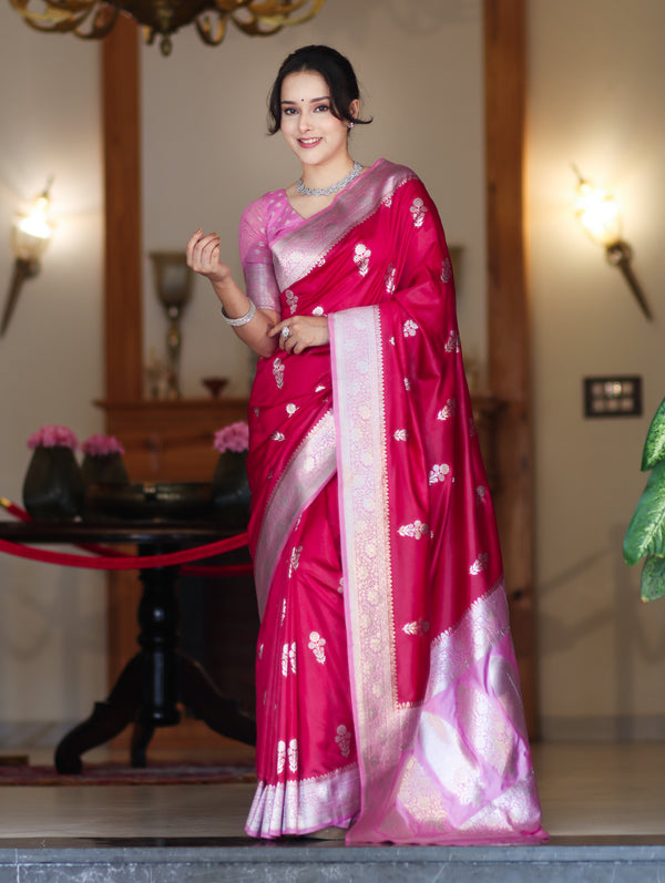 Banarasee Handloom Soft Silk Saree With Zari Buta Work & Contrast Border-Pink