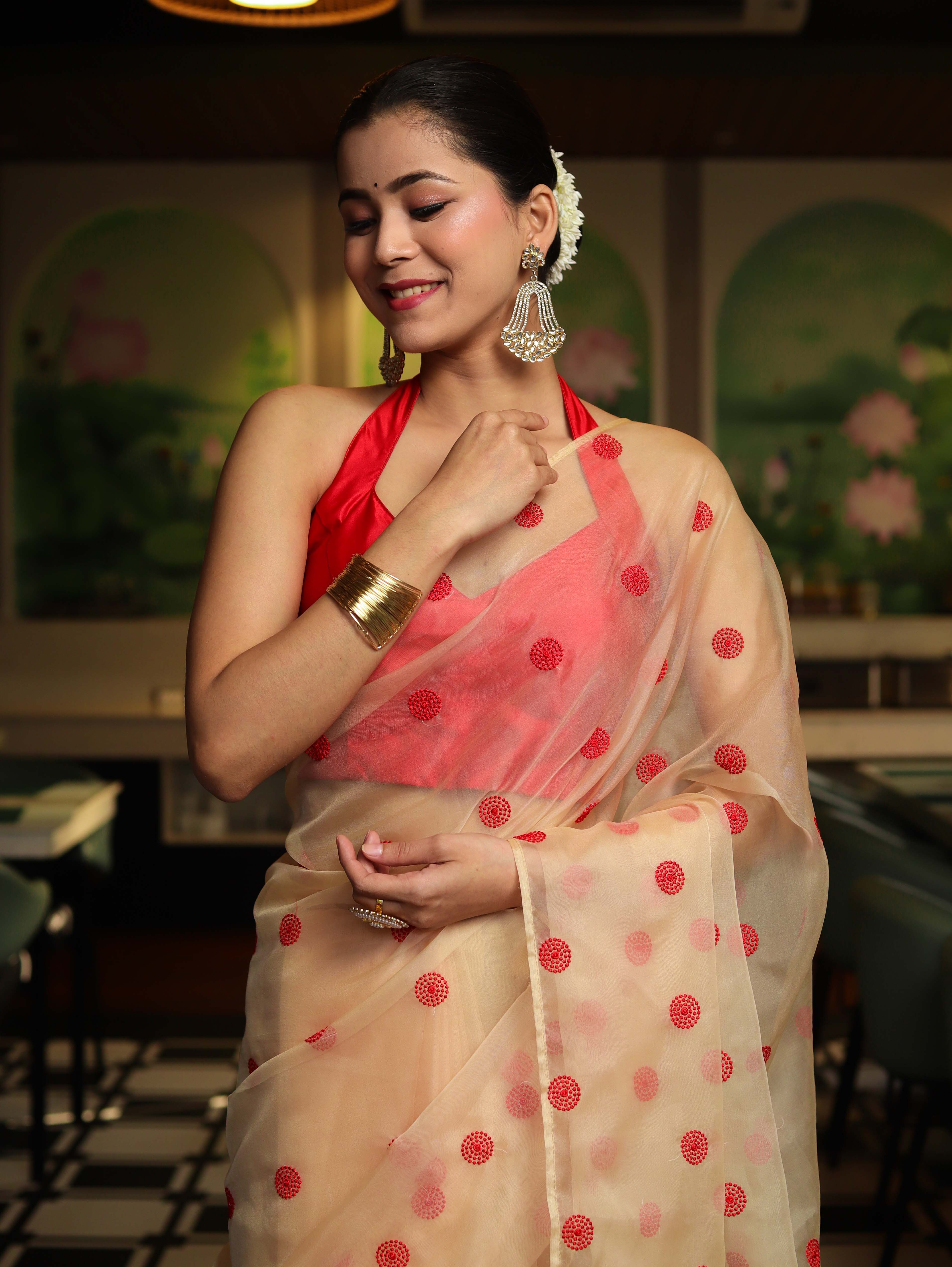 Banarasee Organza Mix Saree With Embroidered Buta & Applique Work Pallu-Light Yellow