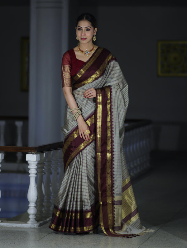 Banarasee Handloom Semi Silk Saree With Checks Design & Contrast Border-Grey & Burgundy
