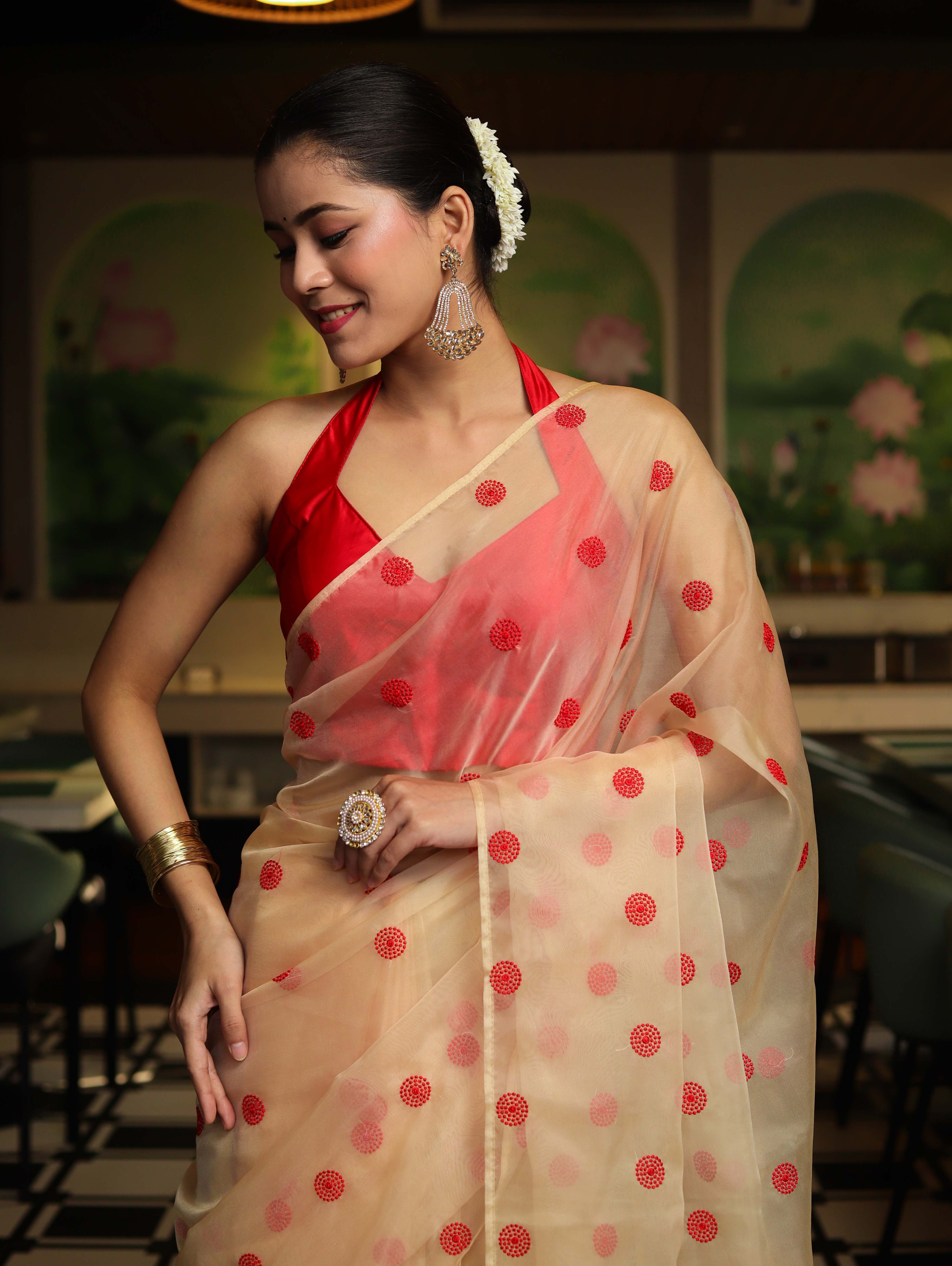 Banarasee Organza Mix Saree With Embroidered Buta & Applique Work Pallu-Light Yellow