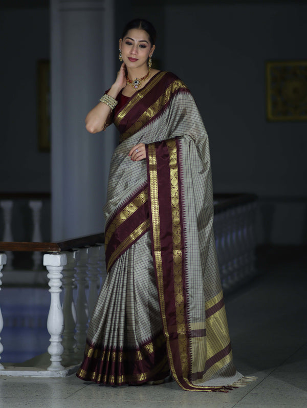 Banarasee Handloom Semi Silk Saree With Checks Design & Contrast Border-Grey & Burgundy