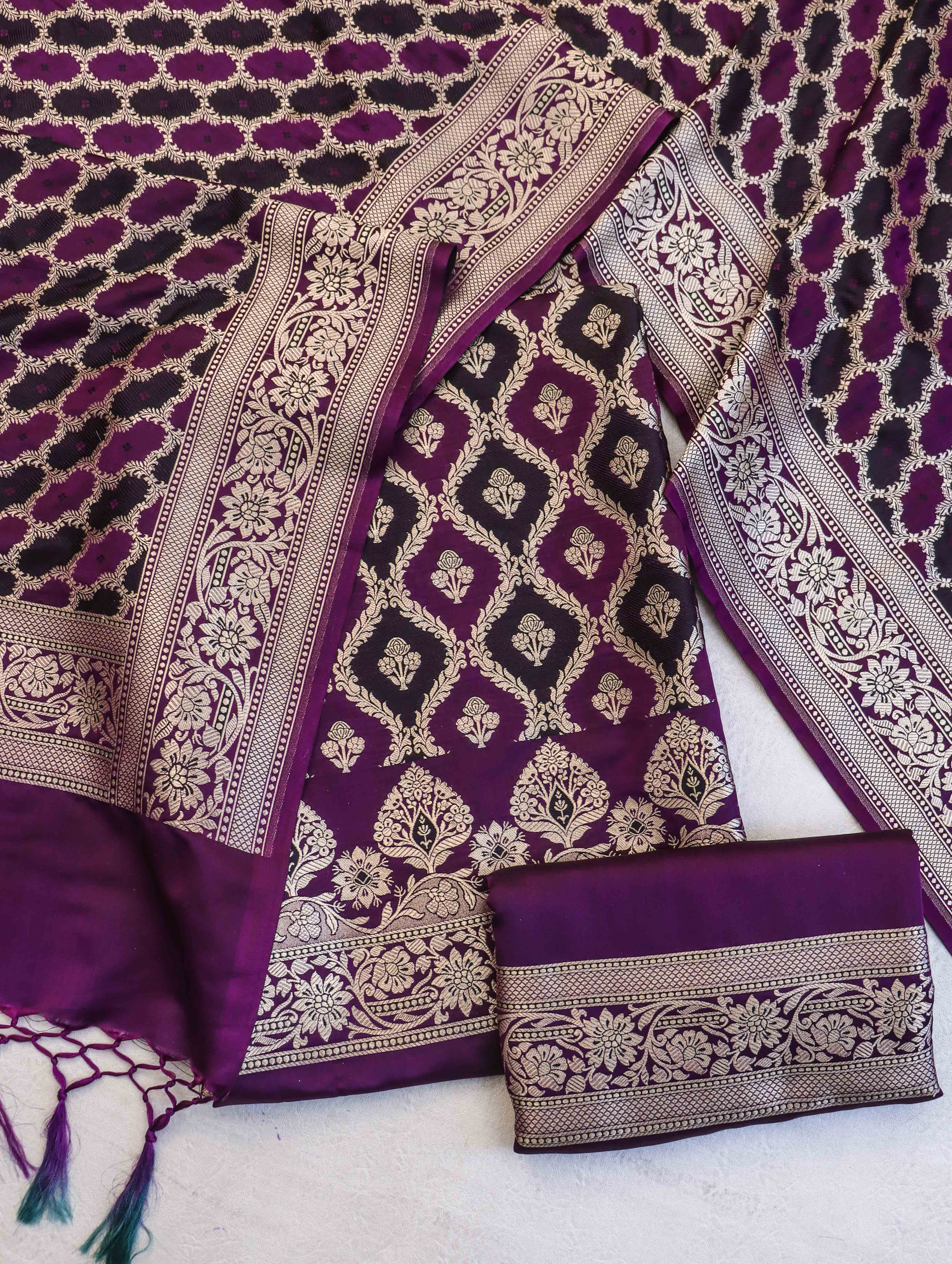 Banarasee Dual Color Katan Silk Zari Work Salwar Kameez Fabric With Dupatta Set-Purple & Black