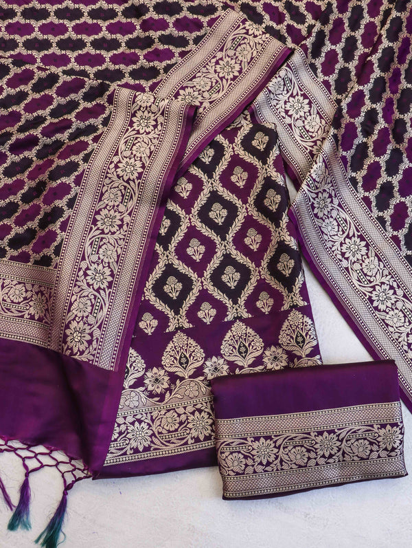 Banarasee Dual Color Katan Silk Zari Work Salwar Kameez Fabric With Dupatta Set-Purple & Black
