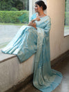 Banarasee Handwoven Semi Silk Saree With Silver Zari Jaal Design-Light Blue