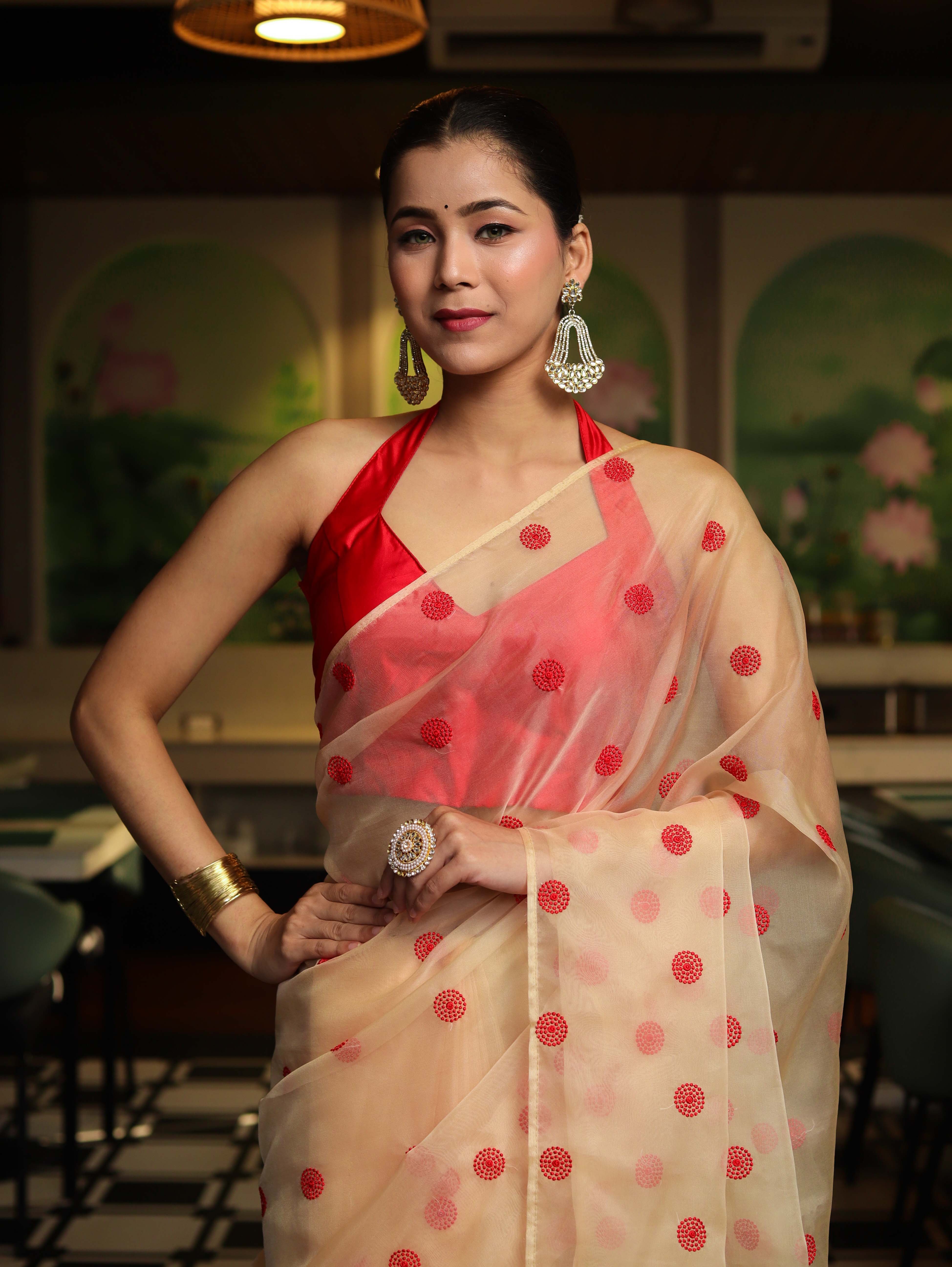 Banarasee Organza Mix Saree With Embroidered Buta & Applique Work Pallu-Light Yellow