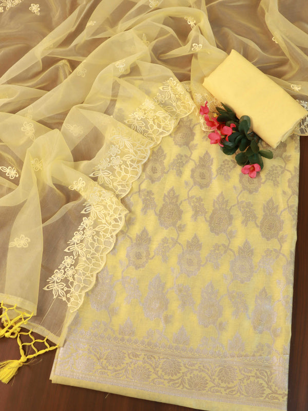 Banarasee Silver Zari Jaal Salwar Kameez With Embroidered Dupatta-Yellow