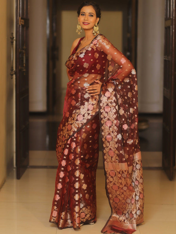 Banarasee Kora Muslin Saree With Zari Jamdani Weaving-Maroon