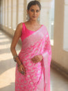 Banarasee Pure Chiffon Saree With Silver Zari Work-Neon Pink