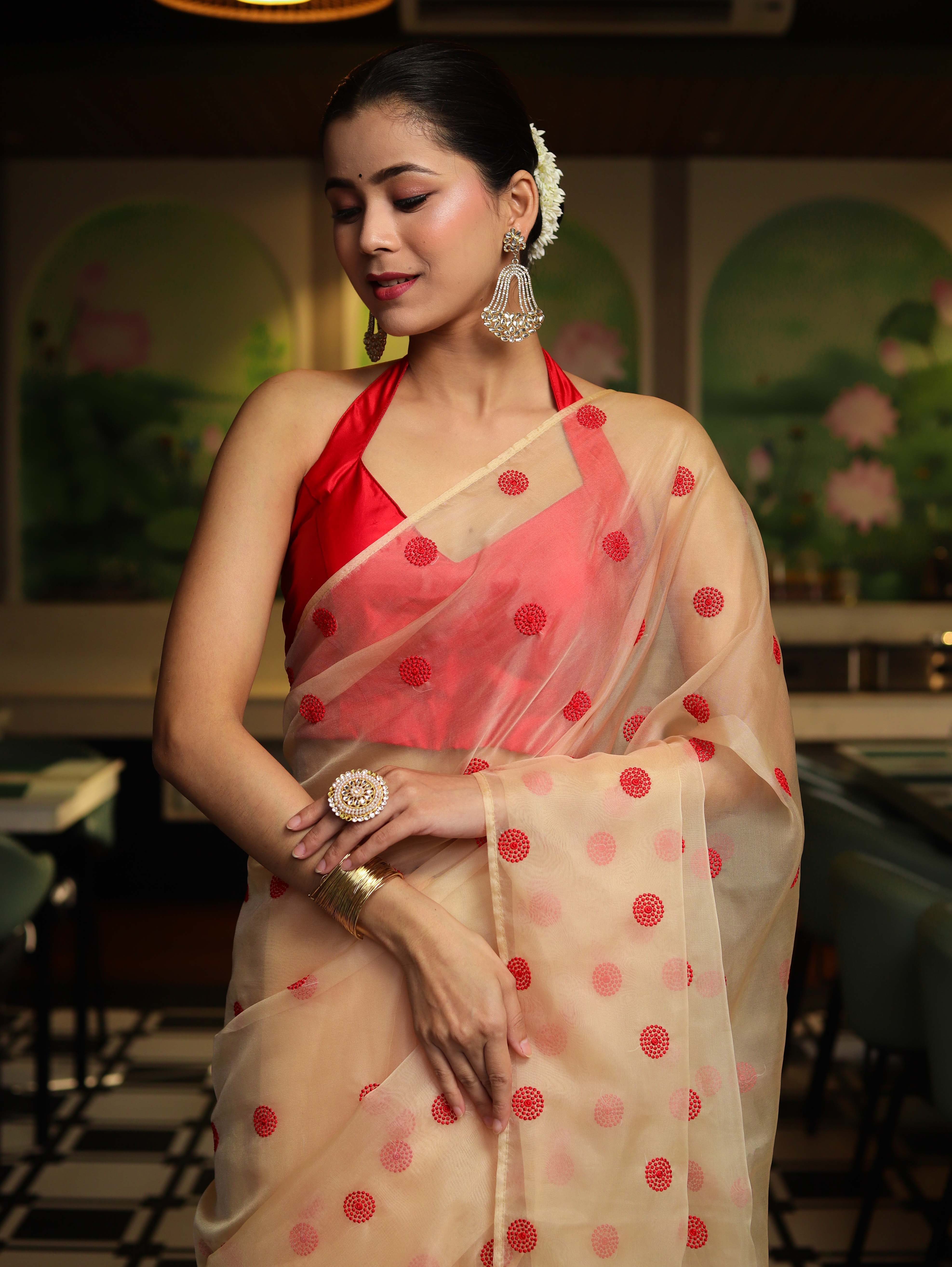 Banarasee Organza Mix Saree With Embroidered Buta & Applique Work Pallu-Light Yellow
